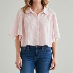 NWT Caroline Constas Embroidered Floral Light Pink Cotton Flutter Sleeve Blouse